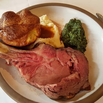Five Crowns - Prime rib with creamed spinich, mash, and Yorkshire pudding - Steakhouses Near Me - Corona del Mar, California