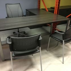 Newmarket Office Furniture - IOF Office Furniture Benching Workstation in Graphite Wood Finish & Silver Square Post Leg.
