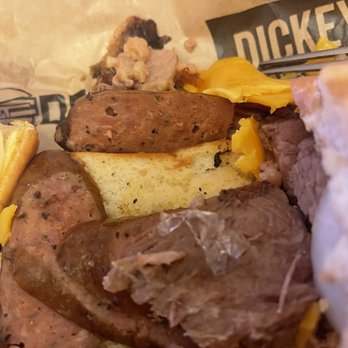 Dickey's Barbecue Pit - Rifle - Sliced Beef Brisket, polish sausage, a piece of plastic and sliced cheese that fell apart. - Barbeque Near Me - Rifle, Colorado Dickey's Barbecue Pit - Rifle - Sliced Beef Brisket, polish sausage, a piece of plastic and sliced cheese that fell apart. - Barbeque Near Me - Rifle, Colorado