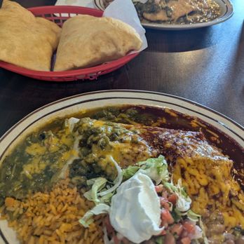 Valentinas - Green and red chili adovado burrito, stuffed beef and bean sopapilla and sopapilla on the side - Mexican Near Me - Santa Fe, New Mexico