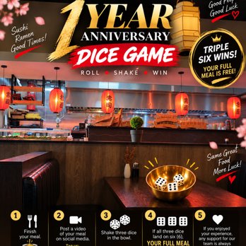 Fujiya Ramen and Sushi Bar - Fujiya Sushi & Ramen is celebrating their 1-year anniversary with such a fun dice game! - Sushi Bars Near Me - Plano, Texas Fujiya Ramen and Sushi Bar - Fujiya Sushi & Ramen is celebrating their 1-year anniversary with such a fun dice game! - Sushi Bars Near Me - Plano, Texas