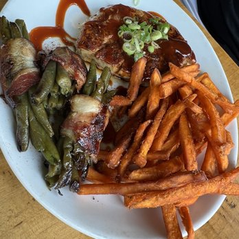 The Half Shell - Cajun Pork Chops w/ sweet potatoe fries & bacon wrapped green beans - Seafood Near Me - Saint Simons Island, Georgia The Half Shell - Cajun Pork Chops w/ sweet potatoe fries & bacon wrapped green beans - Seafood Near Me - Saint Simons Island, Georgia