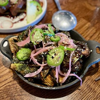 Trestles Restaurant - Crispy Brussels Sprouts (black garlic sauce, tahini, pickled onions, jalapeno - $15) - New American Near Me - Capitola, California Trestles Restaurant - Crispy Brussels Sprouts (black garlic sauce, tahini, pickled onions, jalapeno - $15) - New American Near Me - Capitola, California