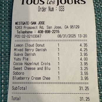 Tous Les Jours - Our receipt - Bakeries Near Me - San Jose, California Tous Les Jours - Our receipt - Bakeries Near Me - San Jose, California
