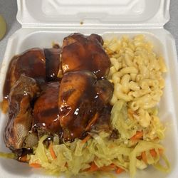 Island Cafe Food Truck - Bbq jerk chicken with mac and cheese, cooked cabbage with carrots