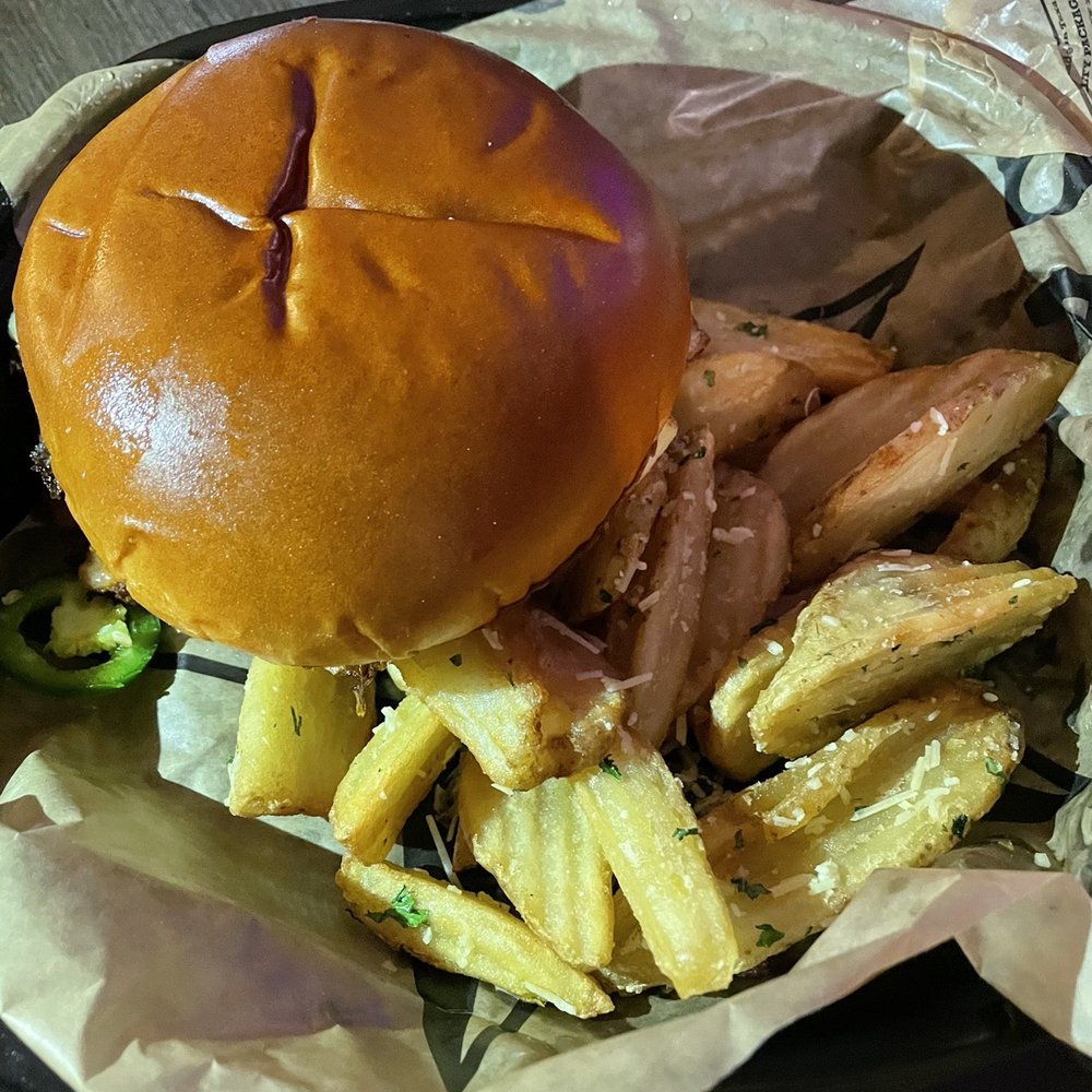 Texas Huddle - Chorizo burger with truffle fries - Chicken Wings Near Me - Webster, Texas Texas Huddle - Chorizo burger with truffle fries - Chicken Wings Near Me - Webster, Texas