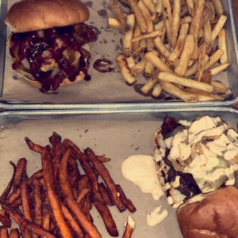 The Goat Hilliard - top: smokehouse burger with fries. bottom: southwest burger with sweet potato fries - Bars Near Me - Hilliard, Ohio The Goat Hilliard - top: smokehouse burger with fries. bottom: southwest burger with sweet potato fries - Bars Near Me - Hilliard, Ohio