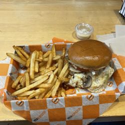 My Burger - Richfield - Classic Bacon Cheese with fried egg and mushrooms, and Cajun fries