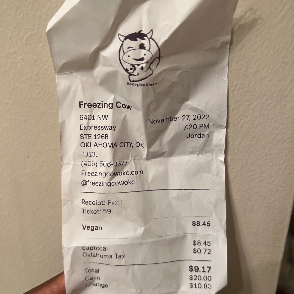 Freezing Cow OKC - Receipt of purchase - Ice Cream & Frozen Yogurt Near Me - Oklahoma City, Oklahoma