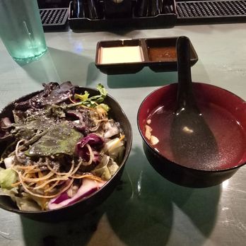 Asahi Teppanyaki & Sushi - Part of my shrimp hibachi lunch. The miso soup and salad. The soup and salad was extremely good. The salad dressing is so good. - Sushi Bars Near Me - Flower Mound, Texas