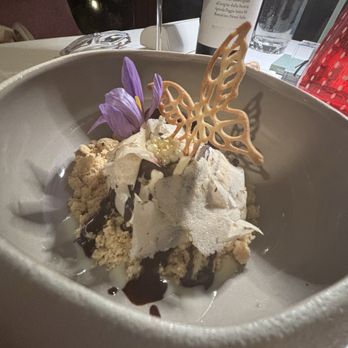 Boccon di Vino - Ricotta Mousse, White & Dark Chocolate, fresh White Truffle, Crumble - Italian Near Me - Montalcino, SI Boccon di Vino - Ricotta Mousse, White & Dark Chocolate, fresh White Truffle, Crumble - Italian Near Me - Montalcino, SI
