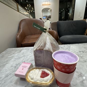 Tous Les Jours - Ube loaf of bread and an Ube Latte with a strawberry tiramisu. - Bakeries Near Me - Cerritos, California