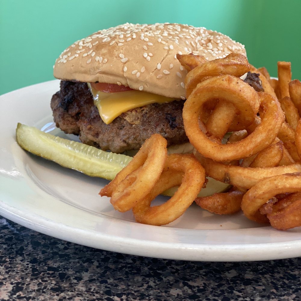 Burger with curly fries Burger with curly fries