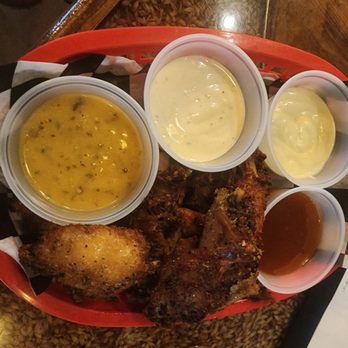 Bootleggers Brewing - The smoked wings with half Mango Habanero and half Garlic Parmesan. Also got blue cheese and ranch on the side - Breweries Near Me - Tampa, Florida Bootleggers Brewing - The smoked wings with half Mango Habanero and half Garlic Parmesan. Also got blue cheese and ranch on the side - Breweries Near Me - Tampa, Florida