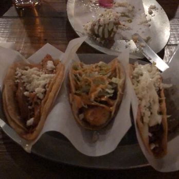 Taco Y Vino - Chicken Tings, blackened fish (too salty), Tex Mex crispy taco. I opted out pickled red onions? The fried tamale balls were delicious! - Tacos Near Me - Dallas, Texas