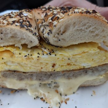 Main Street Bagel Factory - Everything bagel with egg and sausage - Breakfast & Brunch Near Me - Hudson, Massachusetts Main Street Bagel Factory - Everything bagel with egg and sausage - Breakfast & Brunch Near Me - Hudson, Massachusetts