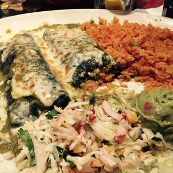El Cholo - Blue Corn Chicken Enchiladas  (after I'd dug in). I ordered mine w/o the beans. - Mexican Near Me - Anaheim, California