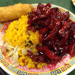 Grand China Restaurant - Spare rib and pork fried rice combo platter with egg roll.