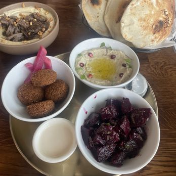 Ammatoli - Appetizer& humus topped shawarma - Mediterranean Near Me - Long Beach, California
