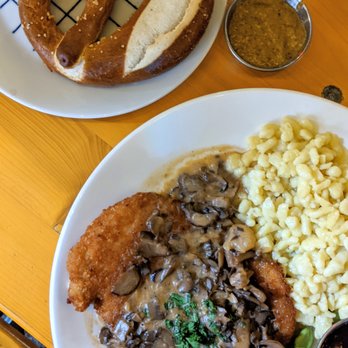 Ludwig's Biergarten - Jager Schnitzel (with mushroom sauce and spatzale) Pretzel (with mustard) - German Near Me - Mountain View, California Ludwig's Biergarten - Jager Schnitzel (with mushroom sauce and spatzale) Pretzel (with mustard) - German Near Me - Mountain View, California