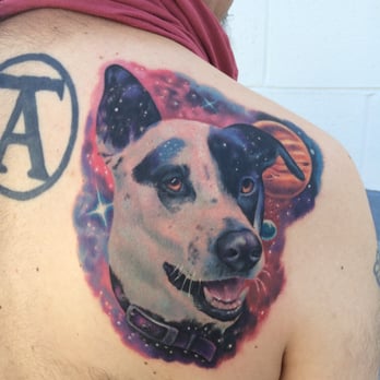 MD Tattoo Studio - Space Dog portrait by Jamie Lee Parker - Tattoo Near Me - Thousand Oaks, California MD Tattoo Studio - Space Dog portrait by Jamie Lee Parker - Tattoo Near Me - Thousand Oaks, California