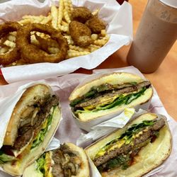 AJ's Burgers - Mushroom burger and jalapeños burger. Regular fries, onion rings, and cheese popper sampler!