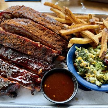 Martin's Bar-B-Que Joint - Half slab of ribs. Half Memphis dry rub and half wet with homemade fries and broccoli salad. - Barbeque Near Me - Vestavia Hills, Alabama Martin's Bar-B-Que Joint - Half slab of ribs. Half Memphis dry rub and half wet with homemade fries and broccoli salad. - Barbeque Near Me - Vestavia Hills, Alabama