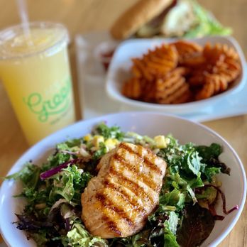 HS Green - Salmon ginger salad and burger - Salad Near Me - Houston, Texas