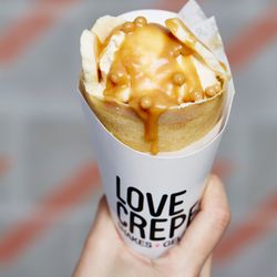 Love Crepe - Our Love Crepe; a hand-held crepe with a +Scoop of gelato on top.