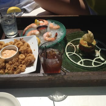 Moonshadows - Left to right: Calamari, shrimp cocktail, tuna tar tar - Seafood Near Me - Malibu, California