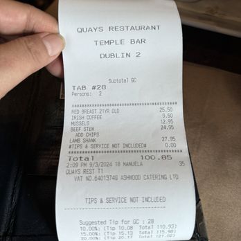 The Quays Irish Restaurant - Two people bill - Irish Near Me - Dublin, D