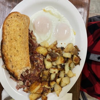 Mike’s Breakfast and Lunch - Homemade corned beef hash, wheat toast and eggs (mom got a bite in before I could snap the photo) - Cafes Near Me - Lakeport, California