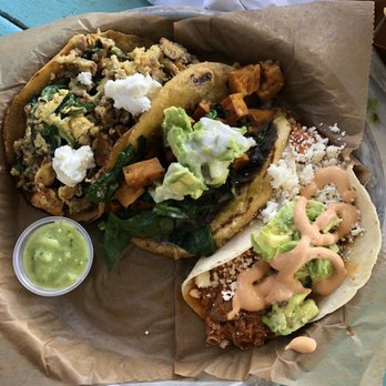 Taco Billy - Mama's breakfast taco, vegetable taco and shredded chicken taco! - Breakfast & Brunch Near Me - Asheville, North Carolina