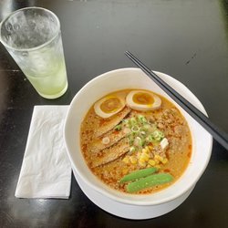 Ramen Eight - Spicy Sesame Ramen (Braised ground pork, green onion, corn, snow peas, ramen egg, BBQ pork Chashu) and an iced green tea