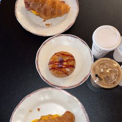 Brick Oven Bakery - Ham and cheese breakfast croissants, sugar free vanilla latte with almond milk. Delicious Raspberry Danish