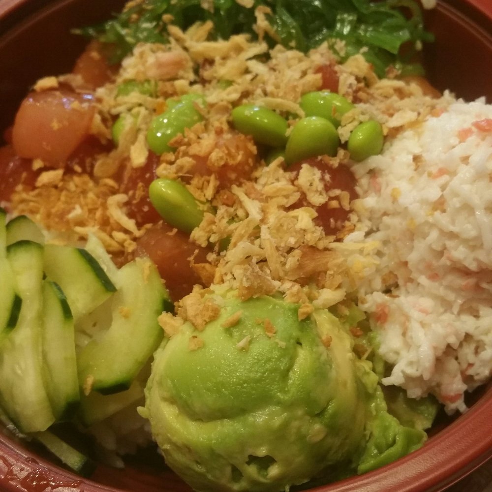 Poki Bar - Arcadia - Med Bowl w Salmon, Yellowtail, Tuna, & Sweet Unagi sauce! Toppings: Seaweed, avocado, crabmeat, edamame, fried garlic & shallots - $8.99! - Sushi Bars Near Me - Arcadia, California Poki Bar - Arcadia - Med Bowl w Salmon, Yellowtail, Tuna, & Sweet Unagi sauce! Toppings: Seaweed, avocado, crabmeat, edamame, fried garlic & shallots - $8.99! - Sushi Bars Near Me - Arcadia, California