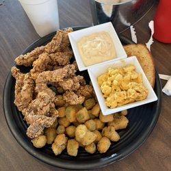Tiny's Burger Barn - Steak fingers with mac and cheese and fried okra