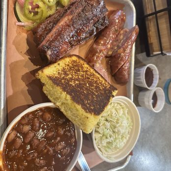 Canyons Barbeque - 2 meat meal jalapeños cheddar link and ribs with coleslaw, bbq beans and cornbread. - Barbeque Near Me - Castro Valley, California Canyons Barbeque - 2 meat meal jalapeños cheddar link and ribs with coleslaw, bbq beans and cornbread. - Barbeque Near Me - Castro Valley, California