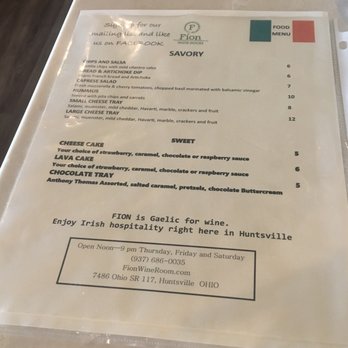 Fion Wine Room - Menu - Wine Bars Near Me - Huntsville, Ohio Fion Wine Room - Menu - Wine Bars Near Me - Huntsville, Ohio