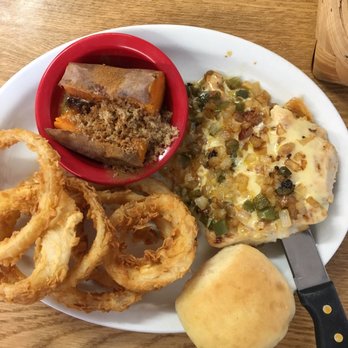The Apple Basket Cafe - Smothered chicken with sweet potato and hand dipped onion rings. - American Near Me - Macon, Missouri