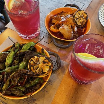Bar Tabu - Shishito peppers and oyster mushrooms; Tijuana unicorn show cocktail - Salad Near Me - Chicago, Illinois