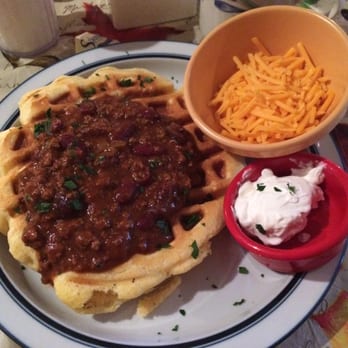 Comfort Cafe - Cornbread waffle with chili! Cheese and sour cream on the side - heaven! - Breakfast & Brunch Near Me - Smithville, Texas