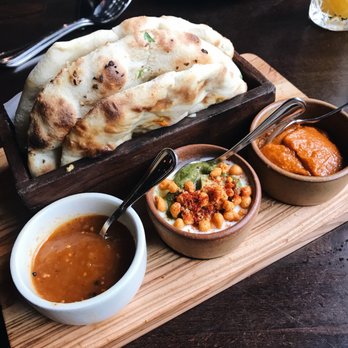 ROOH - CHUTNEY SAMPLER with Garlic Naan, Green Pea & Goat Cheese Kulcha Avocado & Yogurt | Chili & Peanut | Tomatillo & Green Mango - Indian Near Me - San Francisco, California