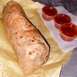 Los Favoritos Taco Shop - Steak, egg & cheese burrito with sides of red sauce