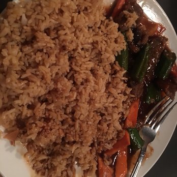 Soho Bistro - Lunch special- Okra with beef and fried rice. Took the pic after I ate the spring roll and some of the food. To me, this is not fried rice! - Chinese Near Me - Charlotte, North Carolina