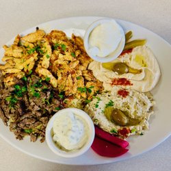 Lemon Restaurant and Lounge - mix shawarma beef & chicken, rice, hummus, baba g. garlic dip, tzatziki, pickles