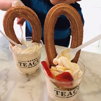 Teacup - Soft serve with Churro, caramel and strawberries - Coffee & Tea Near Me - Litchfield Park, Arizona Teacup - Soft serve with Churro, caramel and strawberries - Coffee & Tea Near Me - Litchfield Park, Arizona