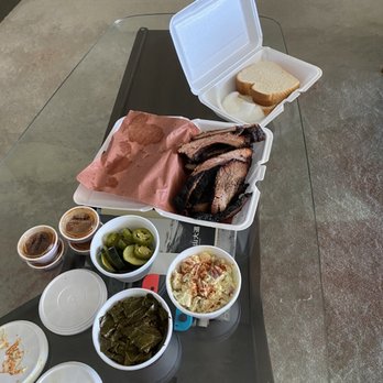 B. Cooper Barbecue - Two meat plate. Brisket, baby back ribs, potato salad, collards. - Barbeque Near Me - Austin, Texas