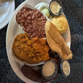 Miss Delta Restaurant and Bar - This is the three meat special, including catfish and andouille sausage and burnt ends - Southern Near Me - Portland, Oregon Miss Delta Restaurant and Bar - This is the three meat special, including catfish and andouille sausage and burnt ends - Southern Near Me - Portland, Oregon