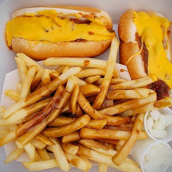 The Red Caboose - 2 chilli cheese dogs, gravy fries (other toppings available on toppings bar near soda machine) - Fast Food Near Me - Rostraver, Pennsylvania